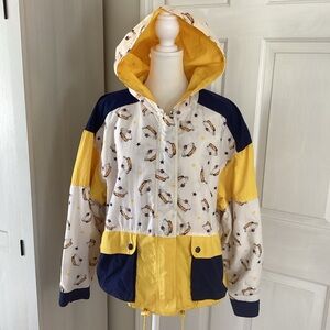 Liz Sport yellow, navy, and white nautical-print hooded windbreaker Sz M
